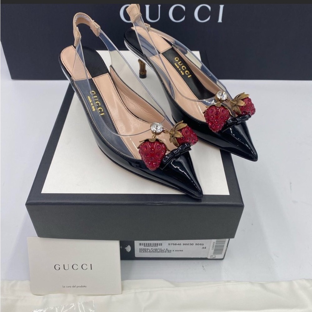 GUCCI Brown Eleanor Strawberry Plexi Heels